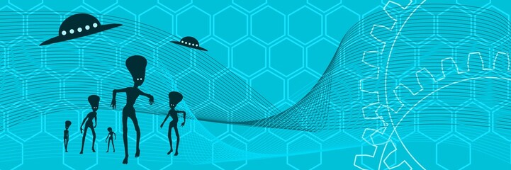 UFO and extraterrestrial alien silhouttes. Monsters attack. Modern futuristic virtual abstract background