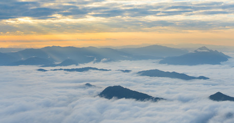 Fototapeta Misty mountains panorama in the morning when sunrise time, Phu Chi Dao Chiangrai Thailand obraz