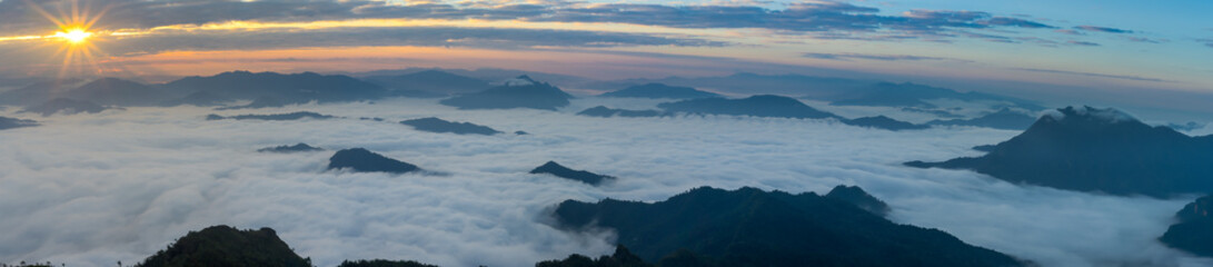 Misty mountains panorama in the morning when sunrise time, Phu Chi Dao Chiangrai Thailand