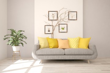 Fototapeta premium Stylish room in white color with yellow sofa. Scandinavian interior design. 3D illustration