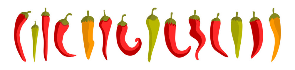  Colorful vector illustration with red chili peppers on a white background. For printing on eco-friendly products for vegetarians, gardeners, cooks, healthy lifestyle.