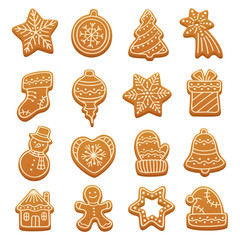 Cartoon gingerbread cookies for celebration design. Christmas vector elements for illustration, cards, banners and holiday backgrounds. Delicious homemade cookies. Festive decorations - obrazy, fototapety, plakaty