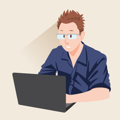 Fototapeta na wymiar office man sitting with laptop isolated on background. Flat cartoon vector illustration.