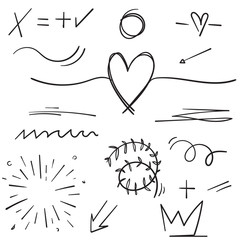 Hand drawn set elements cartoon black on white background