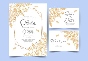 wedding invitation card template with golden flower floral background. Vector illustration.