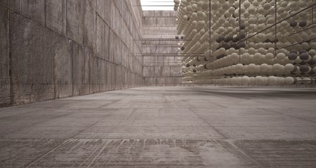 Abstract architectural concrete  interior  from an array of spheres with large windows. 3D illustration and rendering.