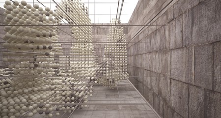 Abstract architectural concrete  interior  from an array of spheres with large windows. 3D illustration and rendering.