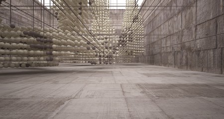 Abstract architectural concrete  interior  from an array of spheres with large windows. 3D illustration and rendering.