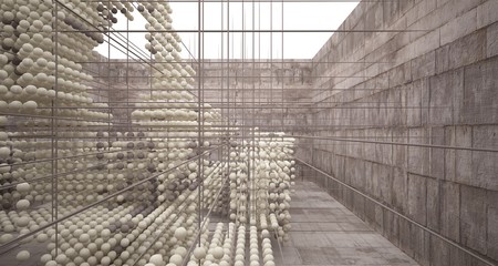 Abstract architectural concrete  interior  from an array of spheres with large windows. 3D illustration and rendering.