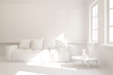 Mock up of stylish room in white color with sofa. Scandinavian interior design. 3D illustration