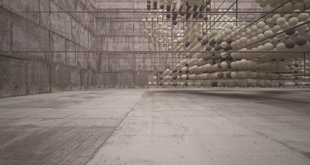 Abstract architectural concrete  interior  from an array of spheres with large windows. 3D illustration and rendering.