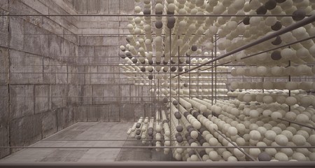 Abstract architectural concrete  interior  from an array of spheres with large windows. 3D illustration and rendering.