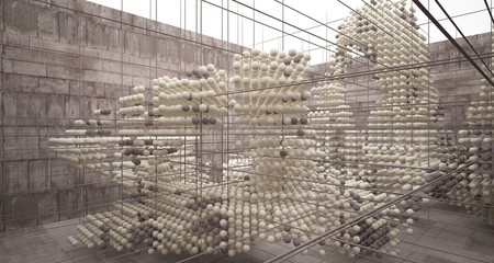 Abstract architectural concrete  interior  from an array of spheres with large windows. 3D illustration and rendering.