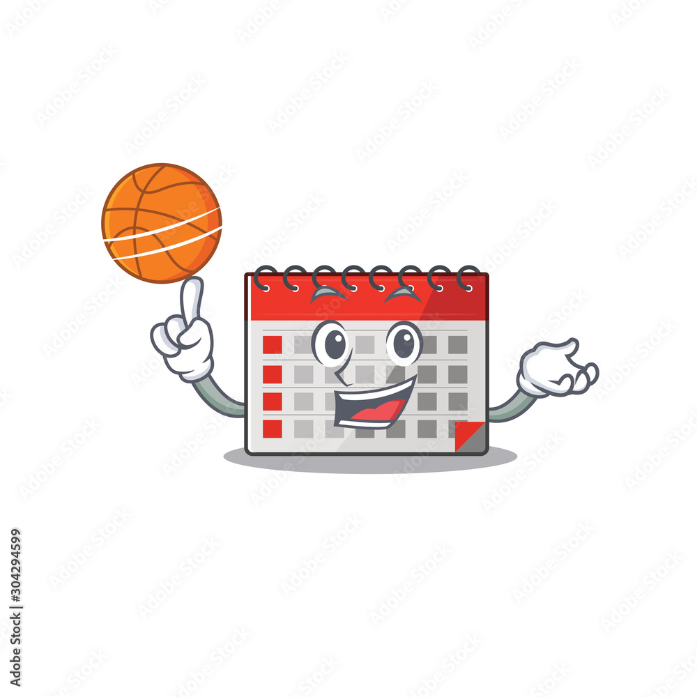 Sticker Calendar cartoon with in holding basketball happy character