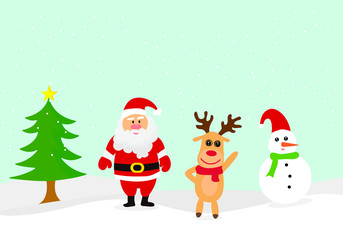Vector Cute Christmas characters of santa claus reindeer and snowman winter snowy.