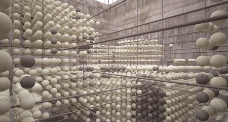 Abstract architectural concrete  interior  from an array of spheres with large windows. 3D illustration and rendering.