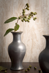 Crepe Myrtle green flower buds beaded in pewter vase. Studio Shot.