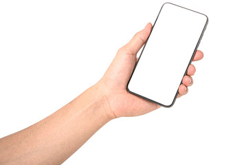Hand holding phone isolated on white background with clipping path.