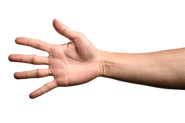 Hand show finger number five isolated on white background with clipping path.