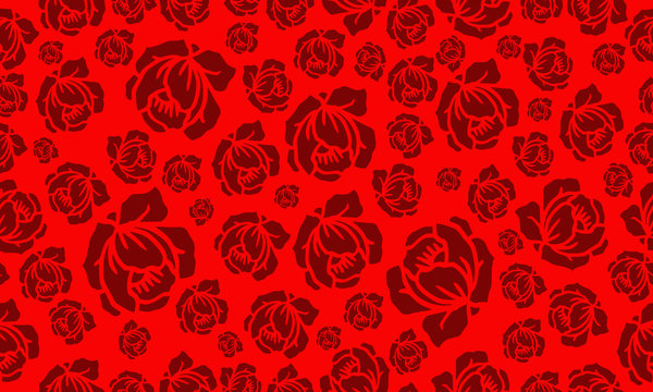 Cute Floral Pattern Background, Plant Drawing Dark Red Flower.