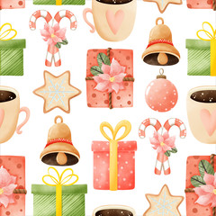 watercolor christmas pattern. Pattern with cocoa cup, gifts, lollipops. Cute illustration. Winter pattern.