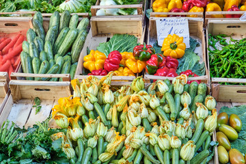 Flowering zuchini and other vegetables seen at a market in Naples, Italy