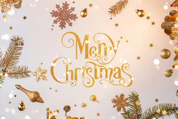 Merry Christmas text with gold flying decorations, gift boxes, fir branches, snowflakes, sparkles...