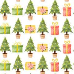 watercolor christmas pattern. Winter pattern. Pattern with christmas tree and gifts. Cartoon style, Cute illustration.