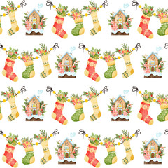 Fototapeta premium Christmas watercolor pattern. Winter pattern. Pattern with Christmas elements, stockings with gifts and winter sweet home. Cute illustration