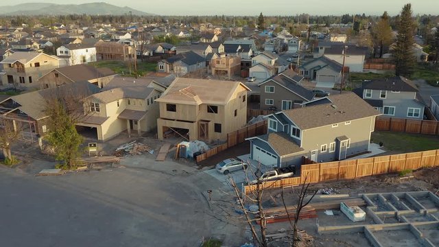  Aerial: Houses under construction that were destroyed By the 2017 wildfires In Coffey Park ,a neighbourhood in the Santa Rosa. California, USA: . SANTA ROSA, CA -OCTOBER 12, 2019.