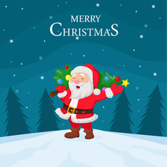Cartoon Santa Claus carrying Christmas tree
