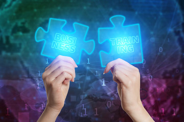 The concept of business, technology, the Internet and the network. Business solutions, success and strategy concept. Businessman hand connecting jigsaw puzzle. Business training