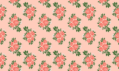 Seamless floral pattern with rose on bright peach background.