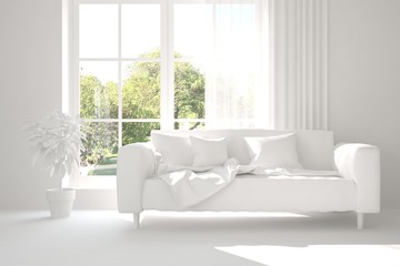 Mock up of stylish room in white color with sofa and green landscape in window. Scandinavian interior design. 3D illustration