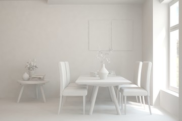 White stylish minimalist kitchen. Scandinavian interior design. 3D illustration