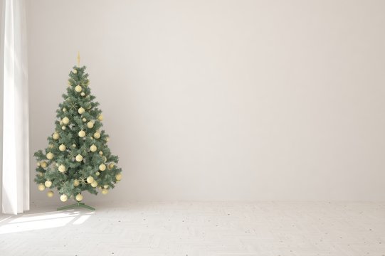 Empty room in white color with new year tree. Scandinavian interior design. 3D illustration