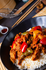 Hot roasted chicken with rice and vegetables