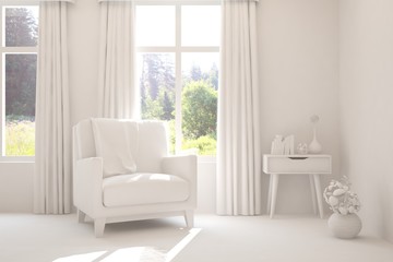 Mock up of stylish room in white color with armchair and green landscape in window. Scandinavian interior design. 3D illustration