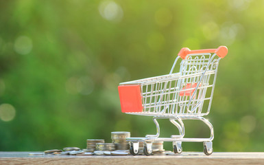 Shopping cart or shopping trolley on green bokeh nature background, Concept of shopping. Copy space...