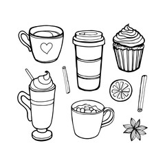 Vector cupcake illustration. hand drawn Christmas. outline isolated. Winter elements for greeting cards, stickers, banners, and seasonal design.