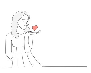 Concept of love. Girl with hearts in hand. Line drawing vector illustration.