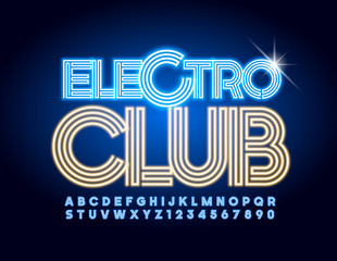 Obraz premium Vector Colorful Banner Electro Club. Illuminated Blue Font. Neon creative Alphabet Letters and Numbers.