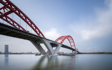 Suspension iron chain bridge in blue sky  guangzhou china