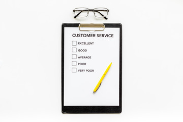 Customer service form on white background top view copy space