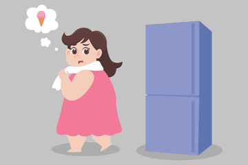 Big Fat woman hungry ice cream try to not eat looking at refrigerator Healthcare concept cartoon.