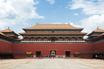 Fototapeta premium Tourist waiting entrance to gate at Beijing ancient royal palaces of the Forbidden City in Beijing, China. Asian tourism, history building, or tradition culture and travel concept