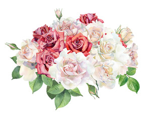 Large watercolor bouquet of red and pink roses