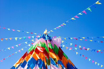 Prayer flags blue sky sunny day in qinghai China     