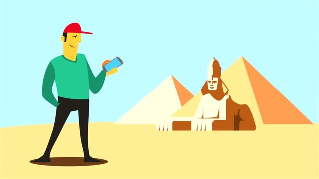 A man travels using a mobile application. Travel service concept, taxi, mobile maps app. Looping Animation.