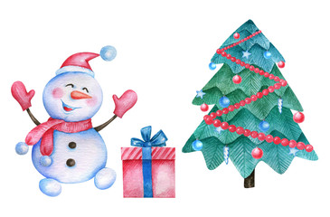  Watercolor illustration with snowman